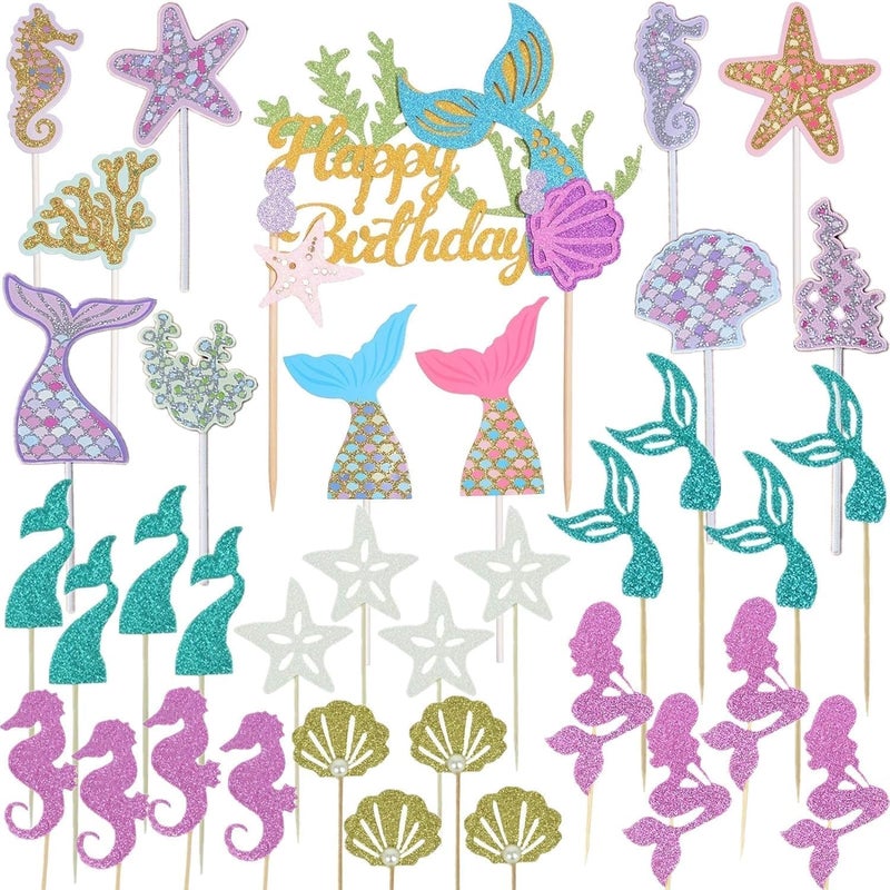 Wootkey 36 pcs Glitter Mermaid Cupcake Toppers Mermaid Cake Topper Under the Sea Beach Mermaids Tail Cake Decoration Birthday Party Supplies for Baby Shower Children's Day - Image 1